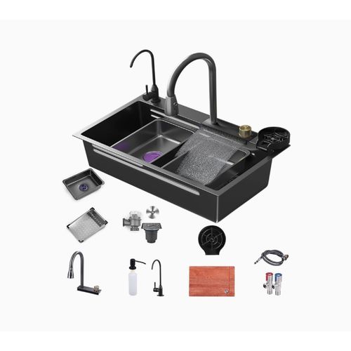 Ferri Evier cuisine noir avec mitigeur (60/45 cm) en inox handmade