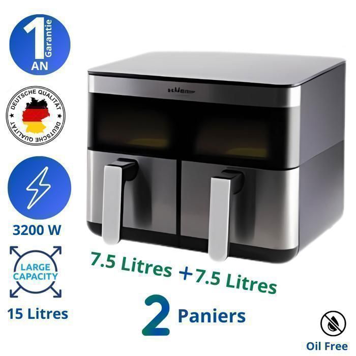 Friteuse sans Huile - Schleizer - AT0902DW - 2 paniers - 15 Litres - Écran tactile