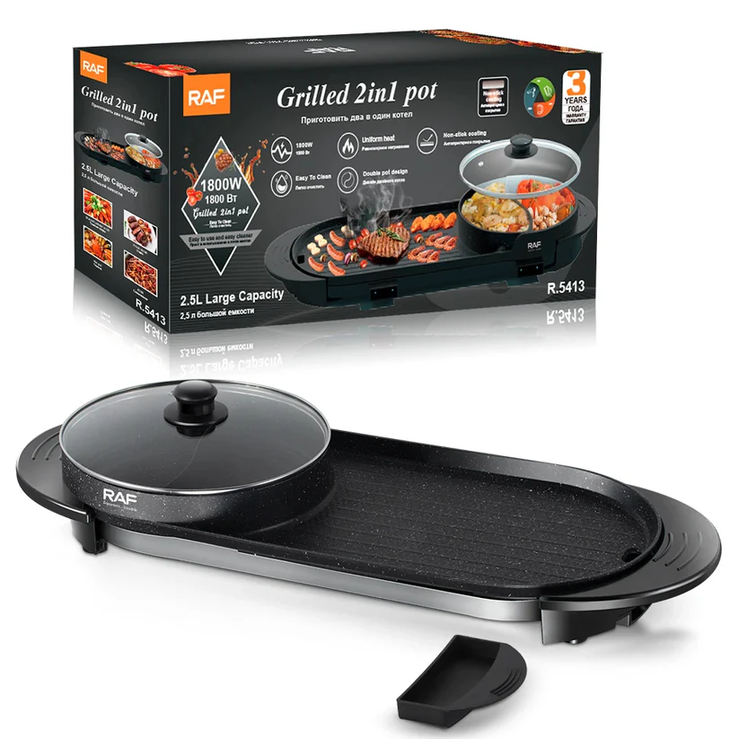 Grillé Électrique 2 en 1 avec Pot pour Barbecue, 1800W