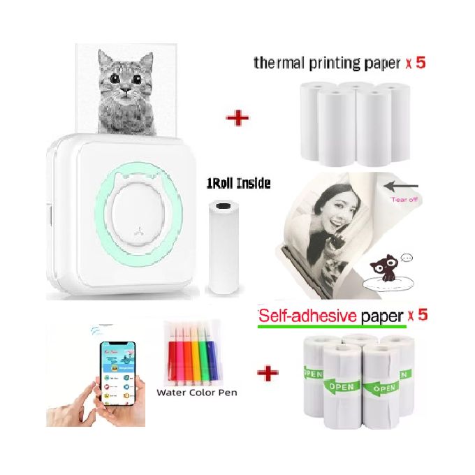 Imprimante portable sans encre, Bluetooth, sans fil, papier thermique, étiquettes autocollants, Android, IOS, 11 rouleaux