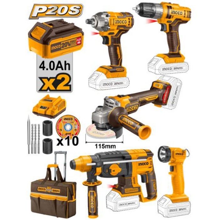 INGCO PACK VALISE 5 MACHINES INDUSTRIELLES 20V 4AH + ACC [CKLI2019]