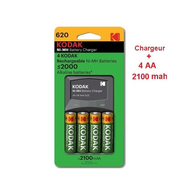 Kodak Chargeur de Piles AA ou AAA + 4 Piles Rechargeables 2100 MAh AA Ni-MH