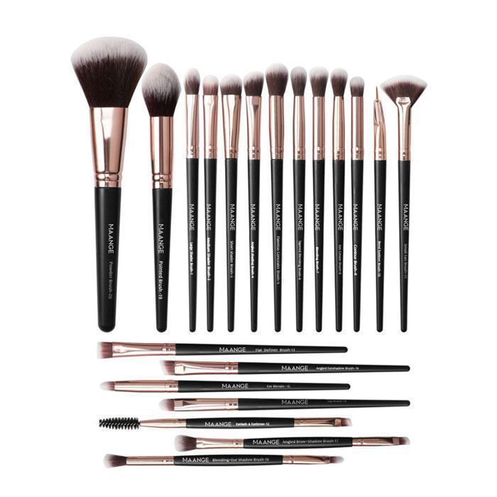 Lot de 20 pinceaux de maquillage, manche noir, tube doré