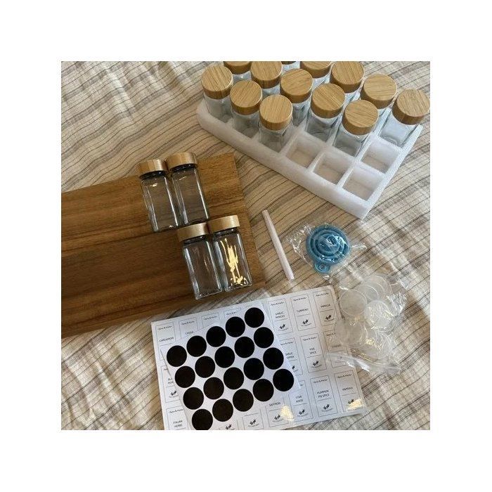 Lot de 24 pots à épices avec couvercles en bambou - Bouteilles d'assaisonnement en verre de 118 ml