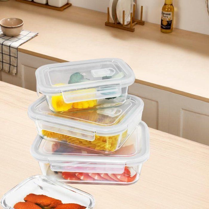 Lot de 3 boîtes de conservation hermétiques en verre avec couvercles en plastique,Anti-fuite 500ml/400ml/300ml