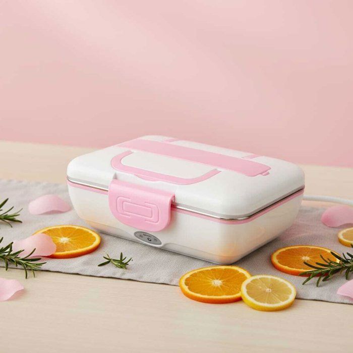 Lunch Box Chauffante Électrique - Inox Amovible - 3 Compartiments - 1,2L - Rose et Blanc
