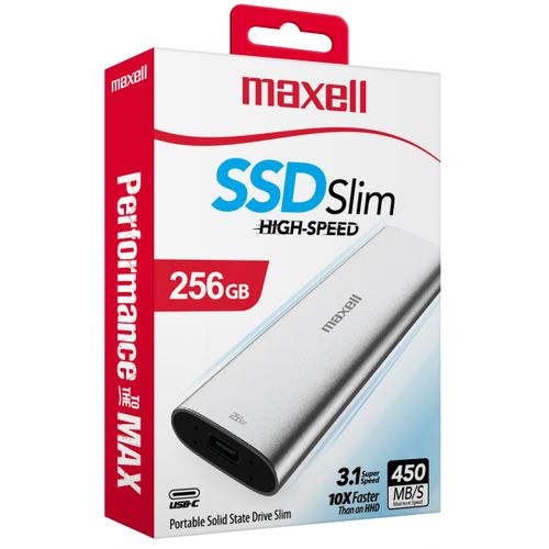 Maxell SSD Slim Externe 256GB PC&amp;Mac Compatible Super Vitesse 450MBs USB 3.1 Type-C
