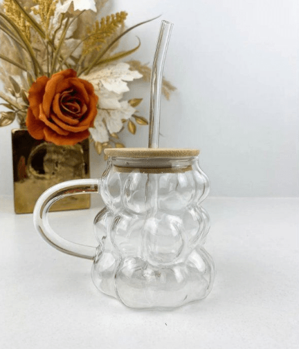 Mug - Verre - 400 Ml - Couvercle en bois - Paille en verre - Résistant aux chocs thermiques