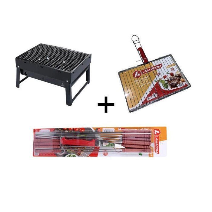 Pack Barbecue pliable à charbon 34/26cm + Grille Viande manche inox 34/23cm