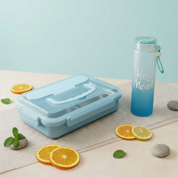Pack Lunch box +gourde 900ml en plastique alimentaire sans BPA 4 compartiments en inox -couvert en inox
