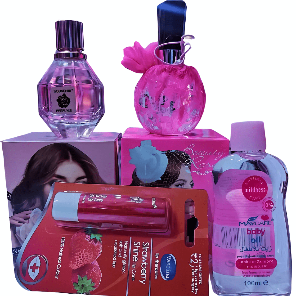 Pack Souvenir Parfumé et Beauty Rosa + Maycare Baby Oil + Strawberry Shine Lip Care