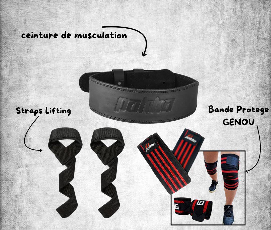 Pakka Pack musculation Ceinture lombaire + bandes de poignets +bandes de genoux