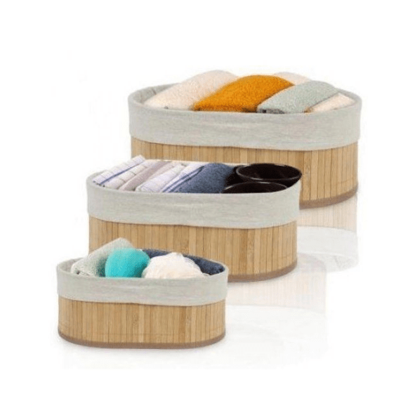 Paniers de rangement - Compactor - Lot de 3 - Bambou naturel - Doublure en tissu - Rectangulaires
