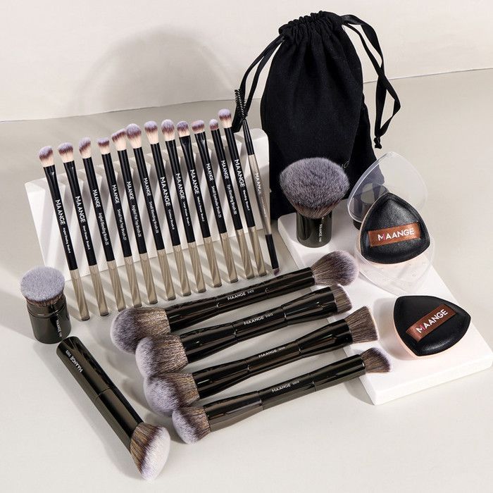 Pinceaux de maquillage - MAANGE - 20 pièces - 2 éponges - Couleur marron - Pour tous types de peau