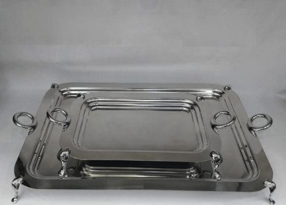 PLATEAU EN INOX SEDEN EN INOX ANSES ARGENTE GM A PIED 18 CARATS COULEUR ARGENTE 47CM/34,5CM