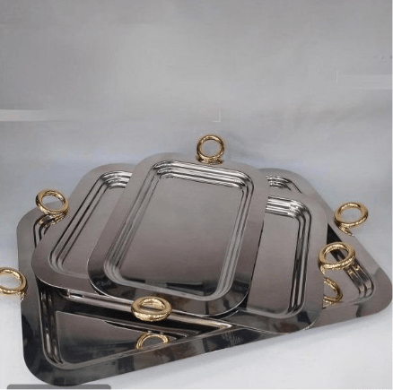 PLATEAU EN INOX SEDEN EN INOX ANSES DOREES GM 18 CARATS COULEUR ARGENTE 47CM/34,5CM