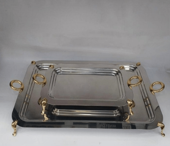 PLATEAU EN INOX SEDEN EN INOX ANSES DORE PM A PIED 18 CARATS COULEUR ARGENTE 30,5/22CM