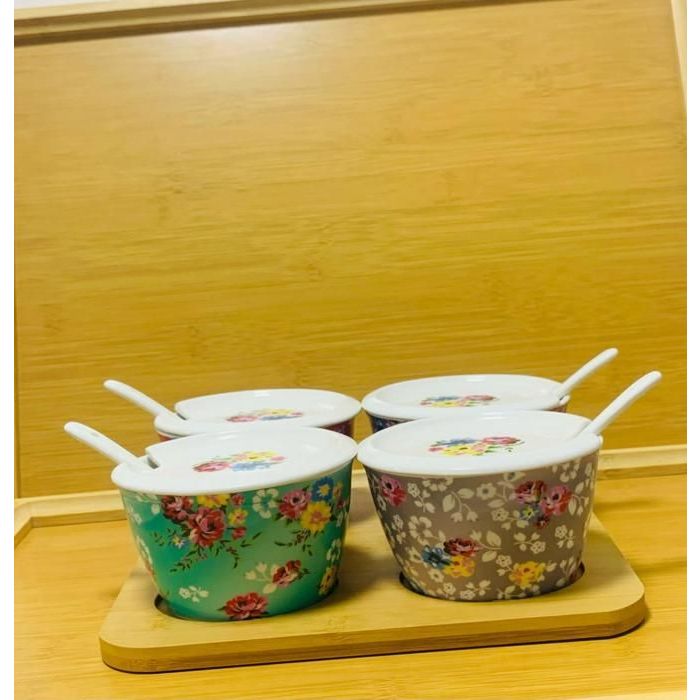 Presentoir 5 pieces avec 4 pots en porcelaines couleur avec ceuillere de service avec couvercle
