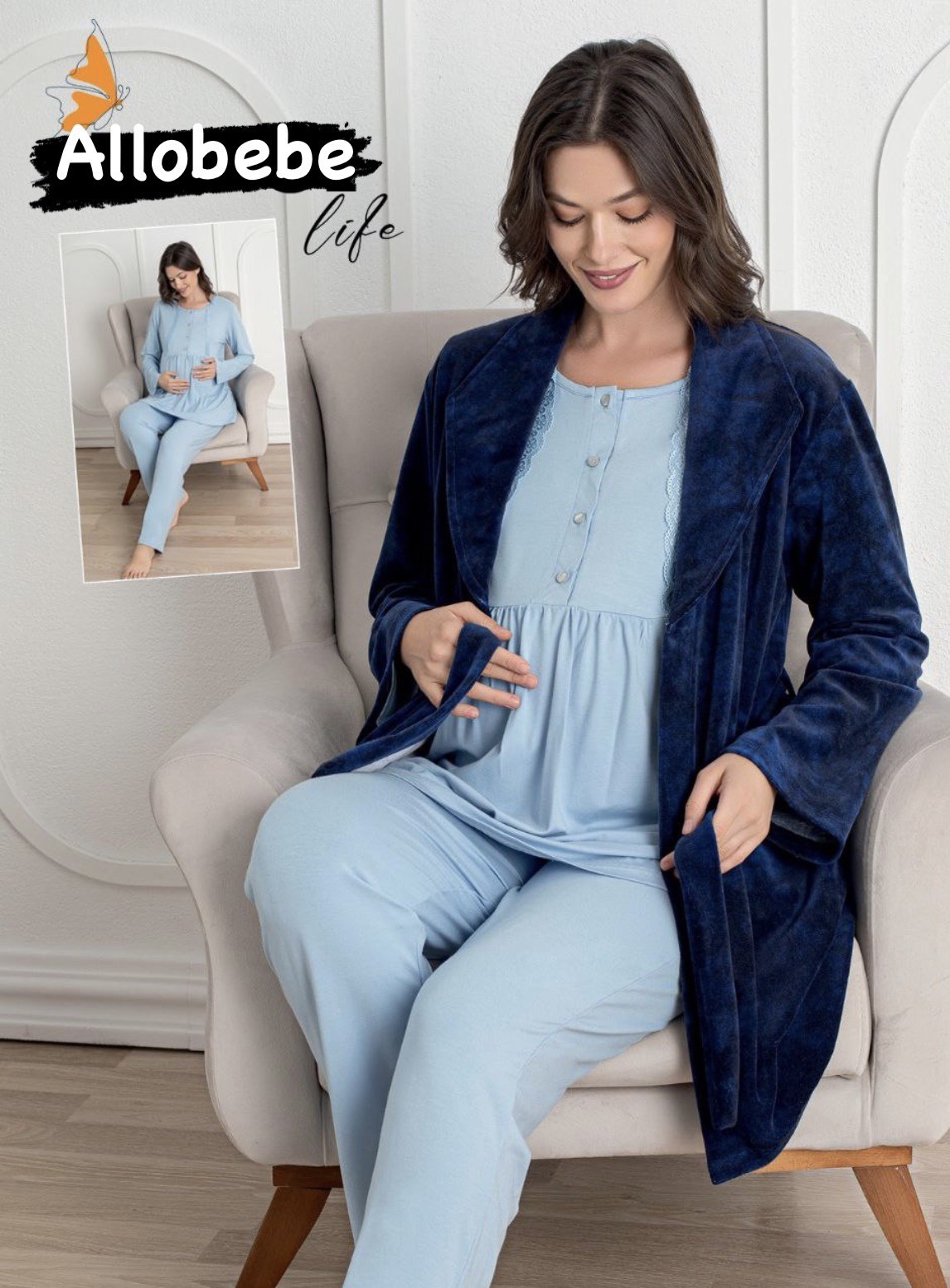 Pyjama grossesse et allaitement avec peignoir bleu
