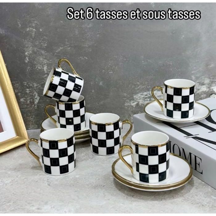 Set de 6 tasses à café - MARQUE - Porcelaine fine - Détails noirs - Motifs aléatoires - Accessoires de cuisine