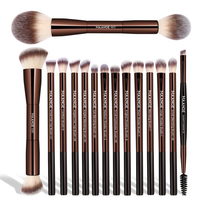 Set de pinceaux de maquillage - MAANGE - 15pcs - Double face - Poignée en aluminium - Doux et souple