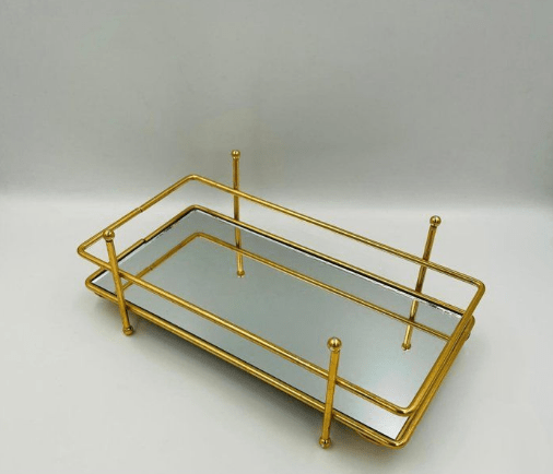 Support en verre miroir et métal rectangulaire -Plateau miroir rectangulaire décoratif pour bougies en métal doré 27/14/10cm