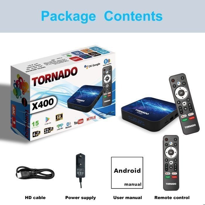 TV Box Tornado X400 Android 15 4K 4/32GB RAM/ ROM Wifi 2.4/5 RJ45 BT